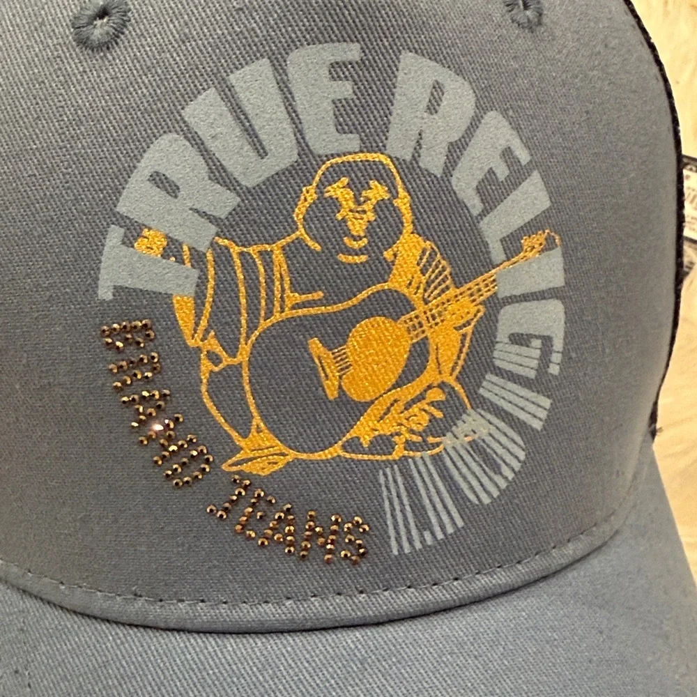 NWT True Religion Blue and Black Logo Trucker Hat